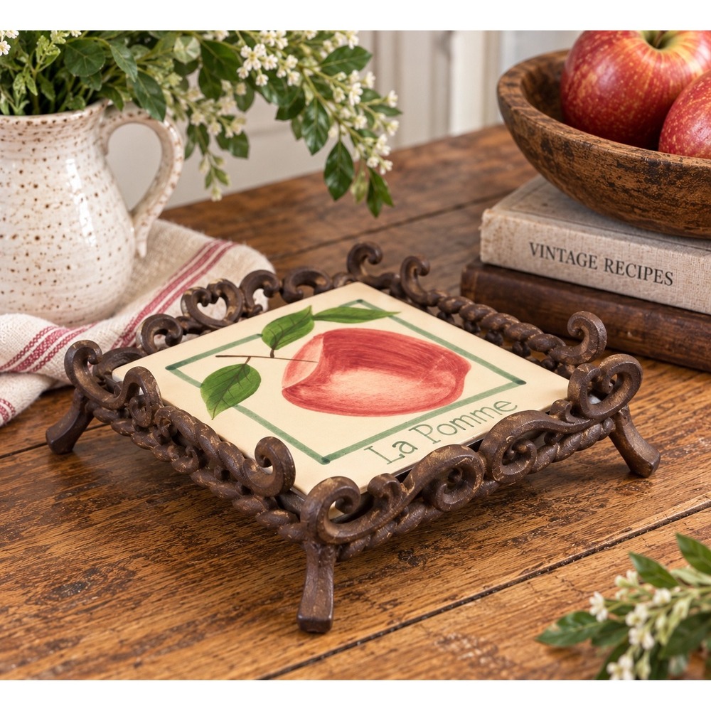 Vtg Laurie Gates Los Angeles Pottery La Pomme Apple Tile Trivet Cast Iron Frame